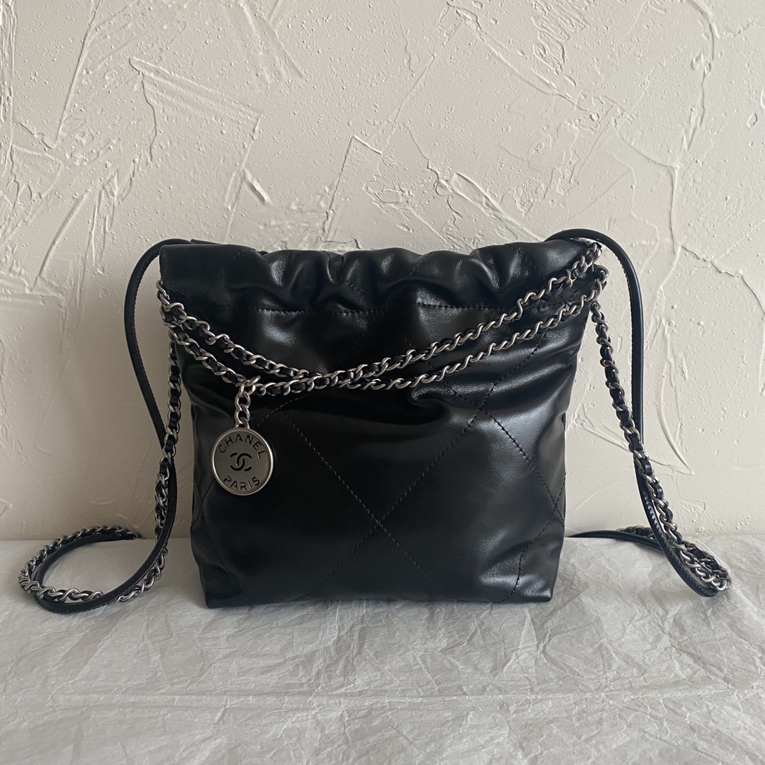 CC Inspired 22 MINI HANDBAG Shiny Calfskin & Sier-Tone Metal Black - Bag - Gorchic - $161.99