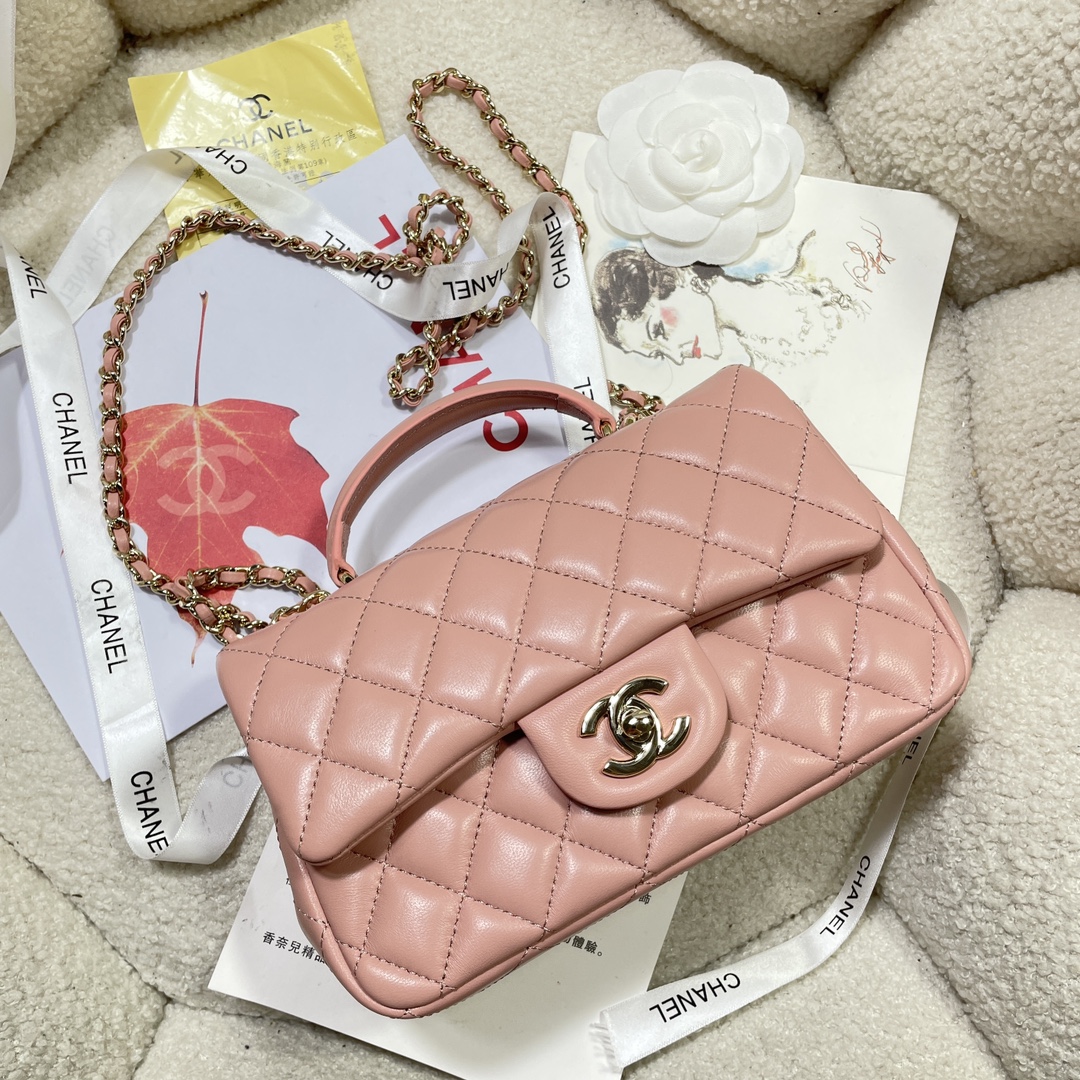 CC Inspired Lambskin Quilted Mini Top Handle Rectangular Flap Pink Bag - Gorchic - $152.99
