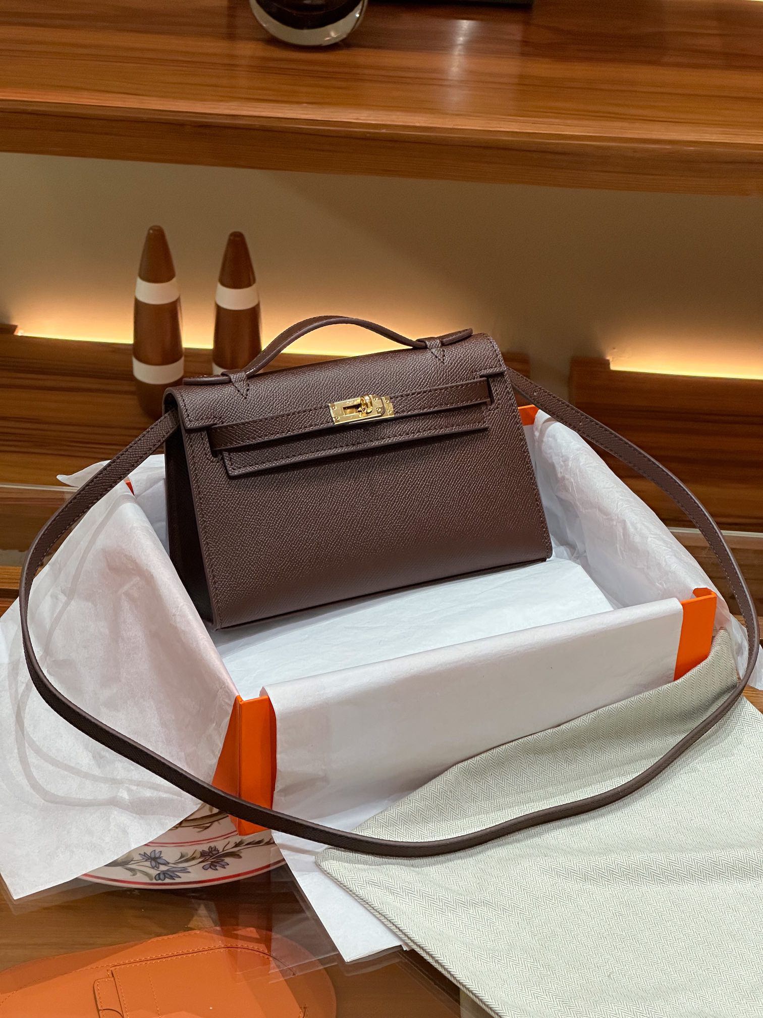 H-Inspired Kelly Mini 1st Kelly Pochette Generation Epsom Palm Leather-Coffee Color - Gorchic - $146.99