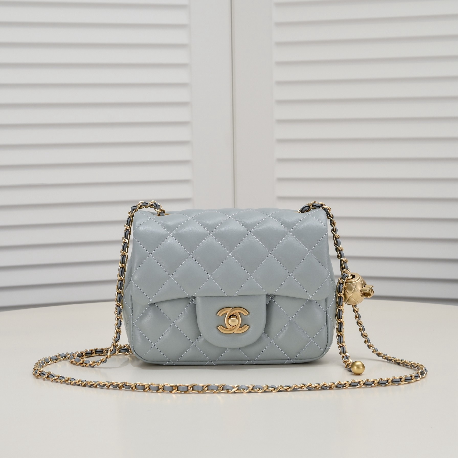 CC Inspired Classic Flag Bag Pearl Crush Mini Rectangular Flap Bag Light Blue Calfskin Antique Gold Hardware - Bag - Gorchic - $117.99