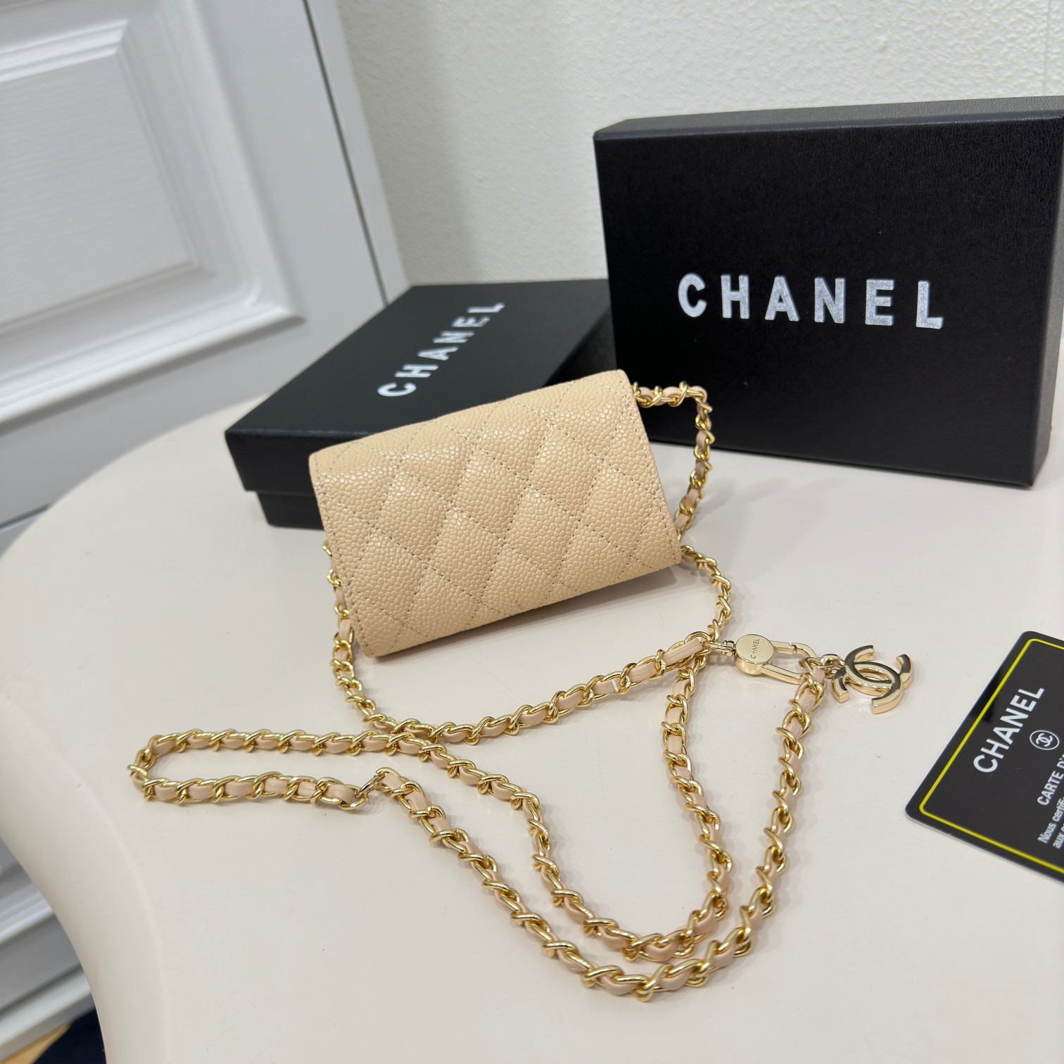 CC Inspired Beige Metallic Calfskin Quilted Flap Chain Waist Bag - Gorchic - $83.99