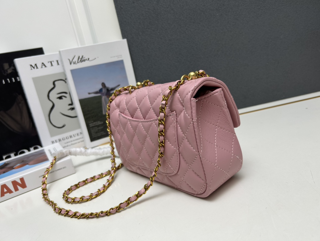 CC Inspired Mini Square Pearl Flap Bag Light Pink Leather Gold Hardware - Gorchic - $132.99