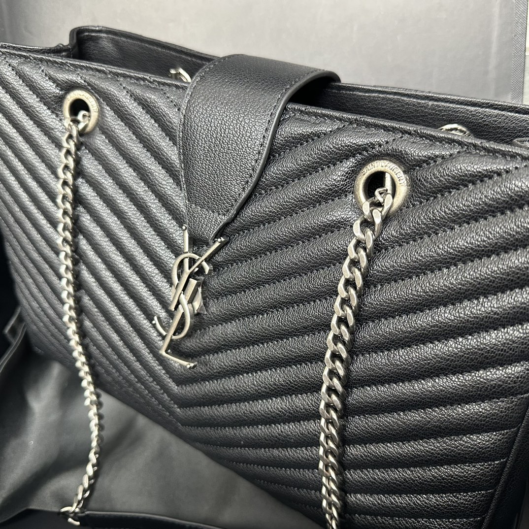 Lady Designer Black Matelasse Leather Cassandre Large Shopper Tote-Sier Hardware - Bag - Gorchic - $153.99