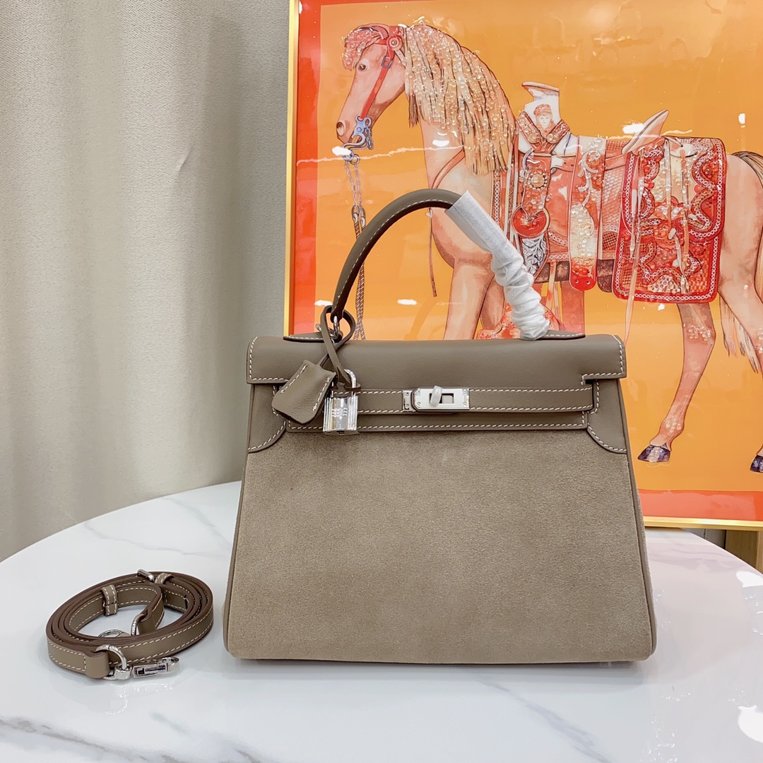 H-Inspired Kelly Haze Gray Suede - Handbags - Gorchic - $200.99