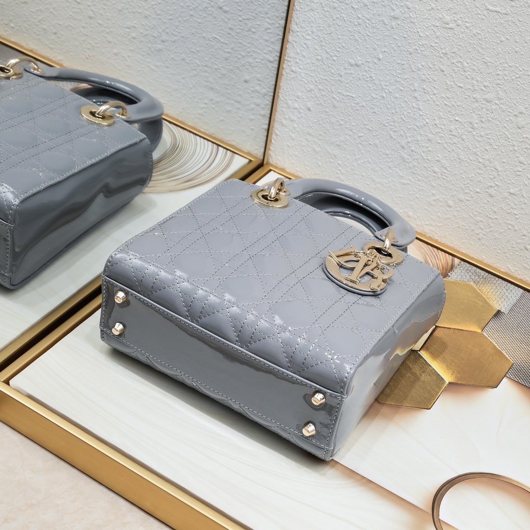 D Inspired Small Lady D Inspired Bag Powder Grey Patent Cannage Calfskin Golden Hardware - Bag - Gorchic - $144.99