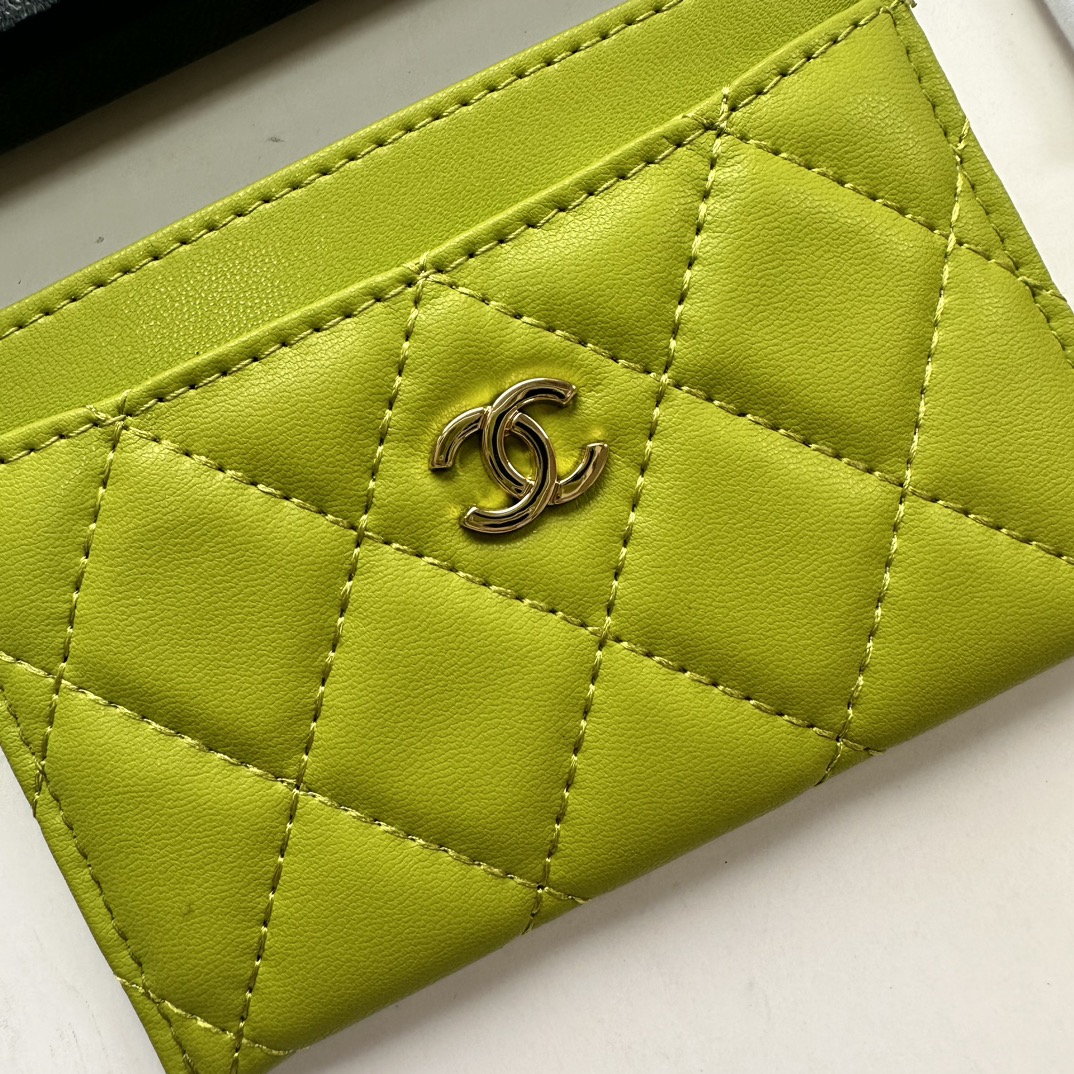 CC Inspired CLASSIC CARD HOLDER Grained Shiny Calfskin & Gold-Tone Metal Green -Wallet - Gorchic - $37.99
