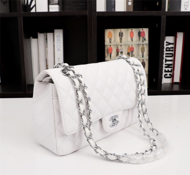 CC Inspired Classic Double Flap Bag White Caviar Sier Hardware - Bag - Gorchic - $122.99