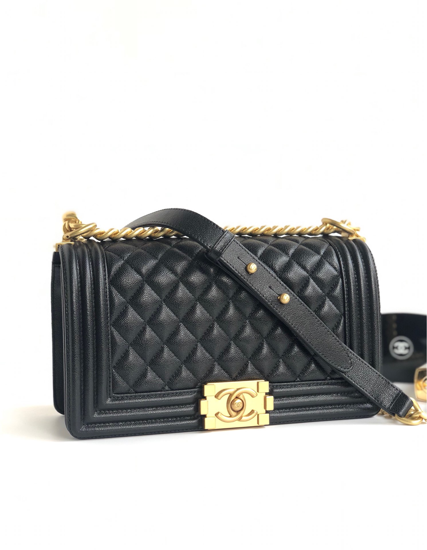 CC Inspired Boy Flap Quilted Calfskin Gold-tone New Medium Black - Gorchic - $167.99
