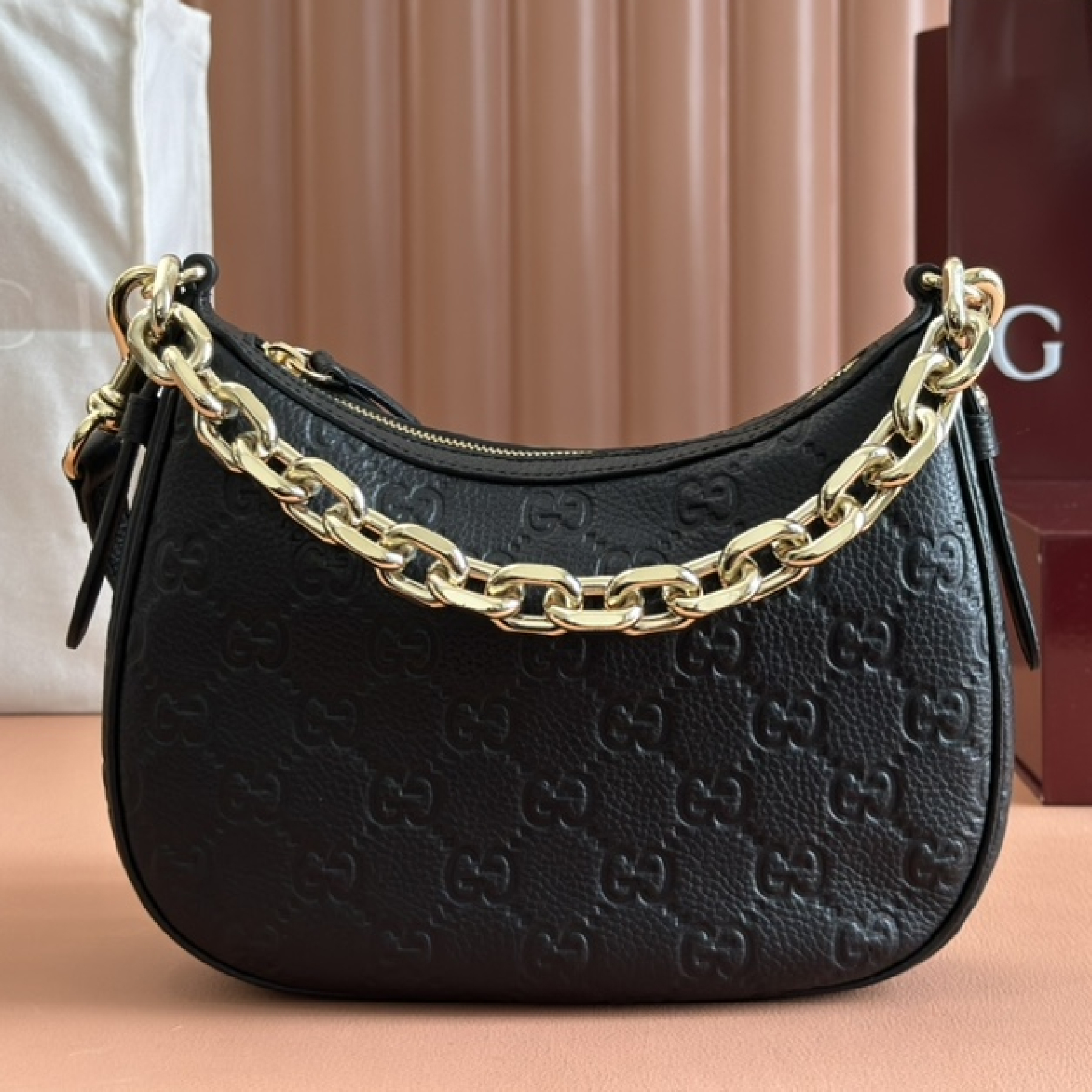 Double-G Emblem Black Grainy Leather Small Bag - Gorchic - $132.99