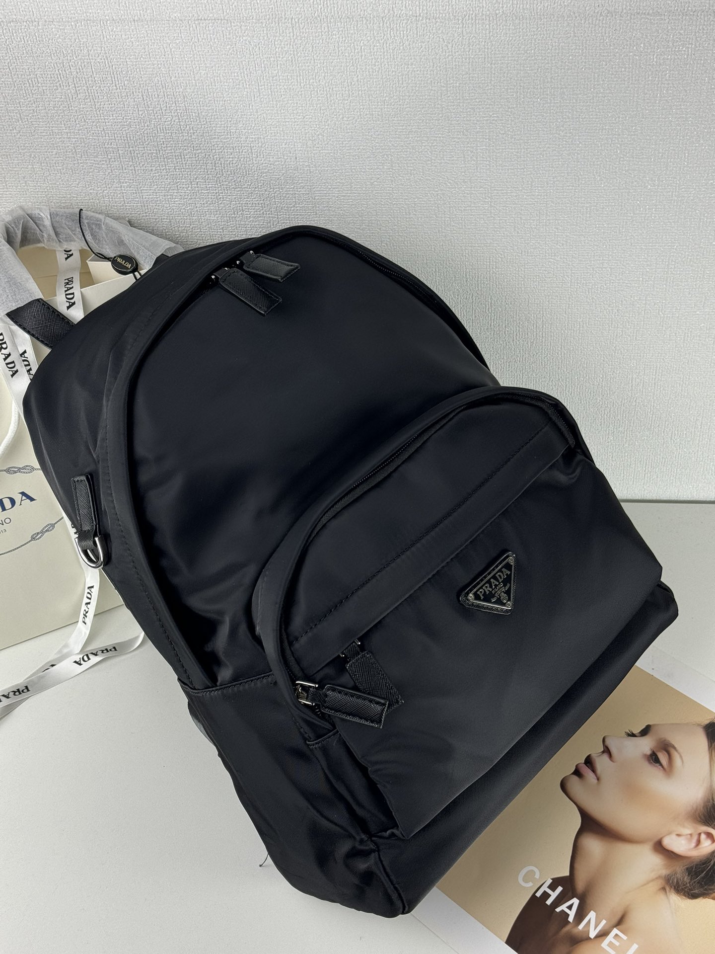 Saffiano texture Tessuto Saffiano Backpack Black Schoolbag - Gorchic - $132.99