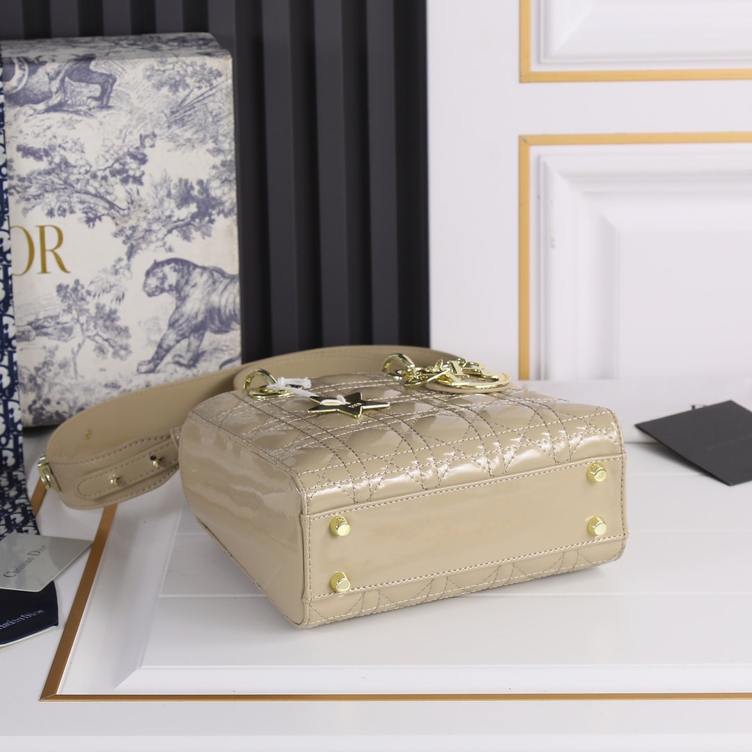 D Inspired Small Lady D Inspired Bag Powder Sand-Colored Patent Cannage Calfskin Golden Hardware - Bag - Gorchic - $144.99