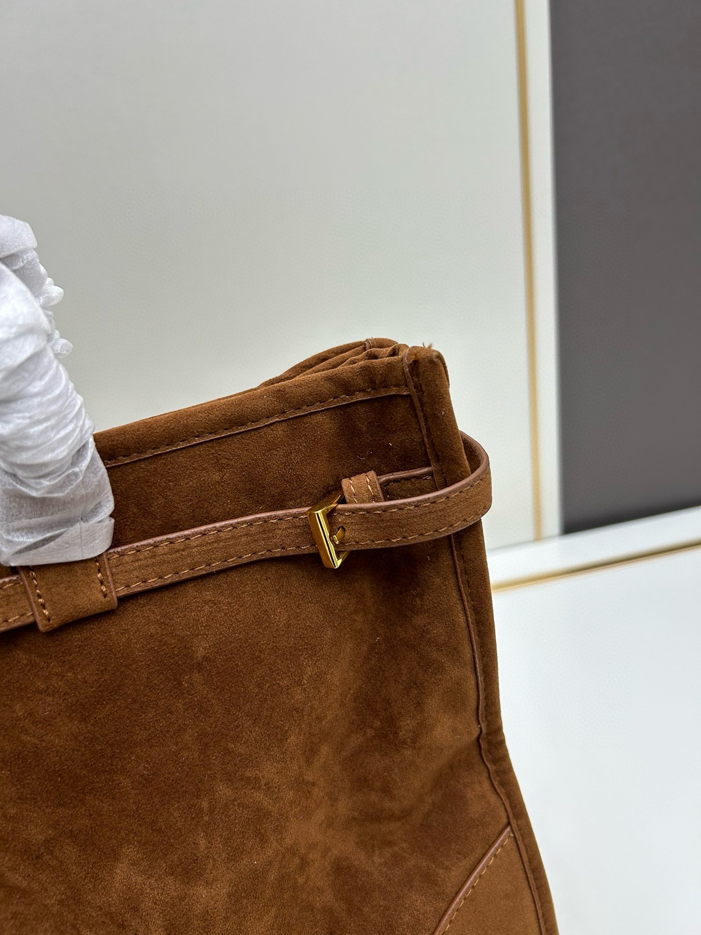 Saffiano texture Large Suede Brown handbag - Gorchic - $136.99