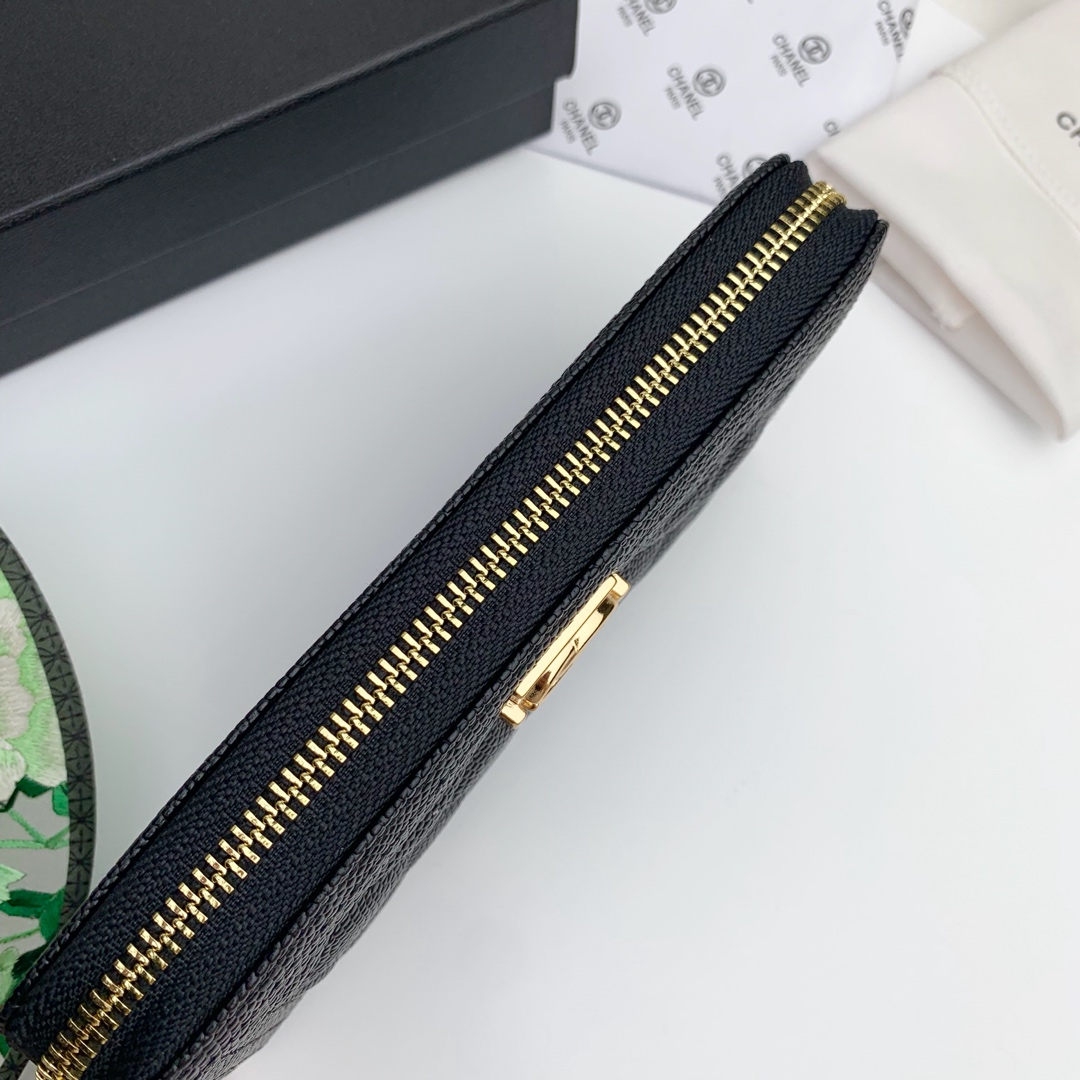 CC Inspired Zip Around Wallet Quilted Caviar Long-Fishseed Pattern Gold Wallet - Gorchic - $52.99