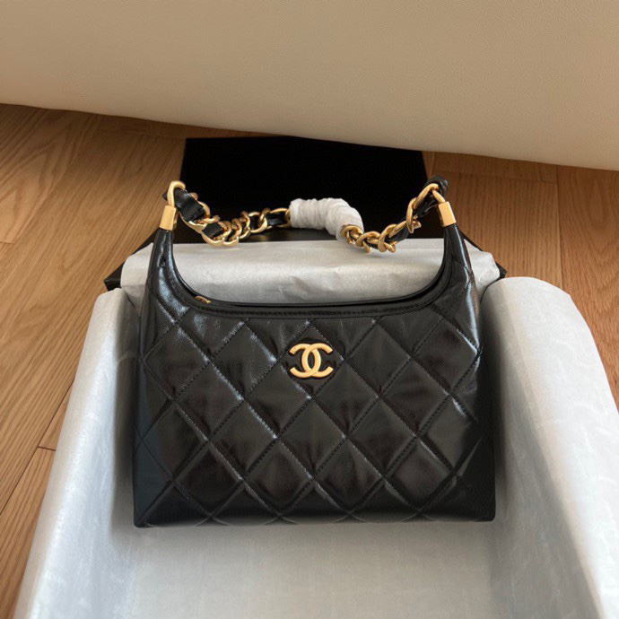 CC Inspired 24A Hobo Small Bag Shiny Calfskin & Gold-Tone Metal Black - Bag - Gorchic - $121.99