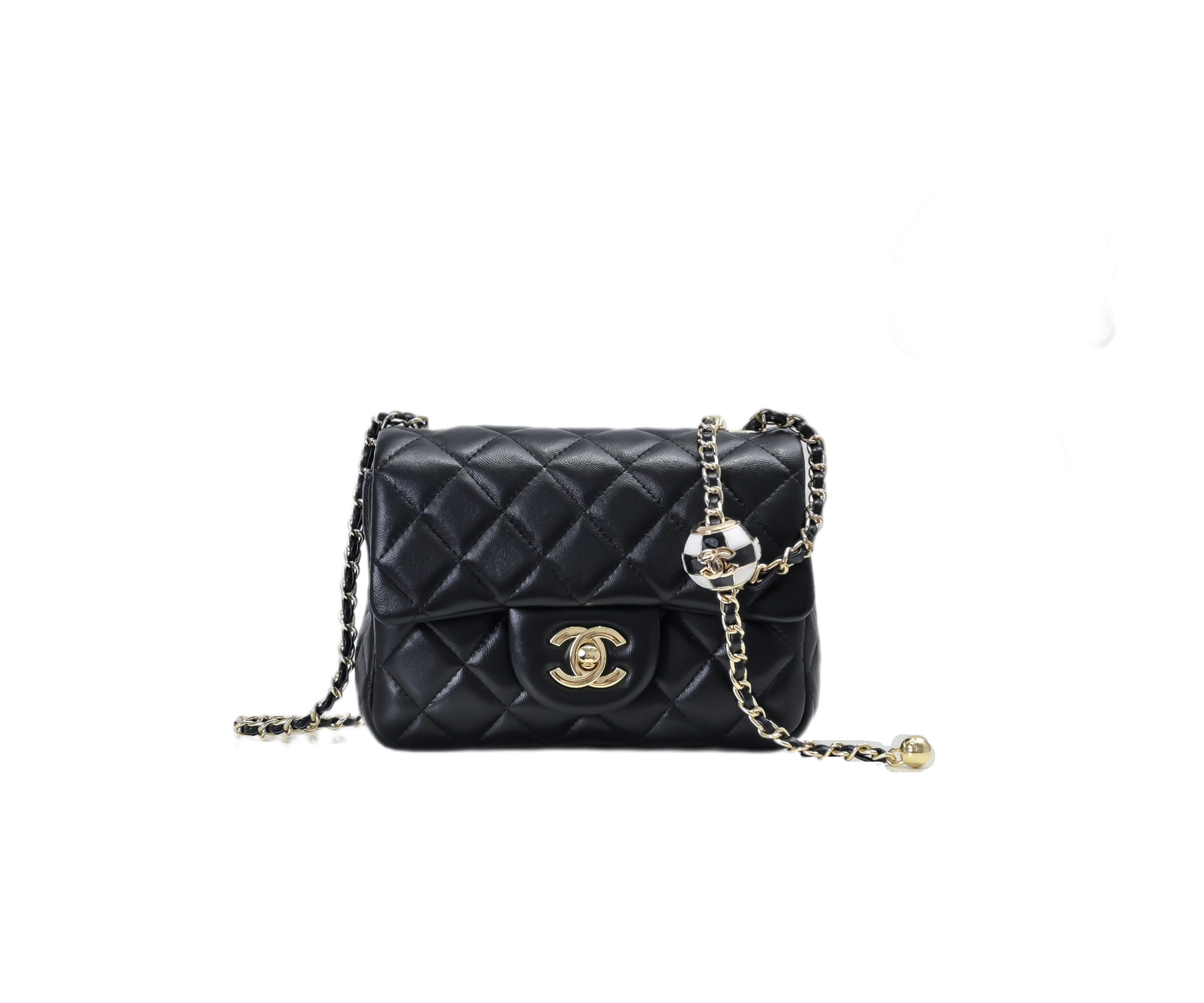 CC Inspired Classic Flag Bag CC Pearl Crush Mini Square Flap Bag Black Calfskin Antique Gold Hardware - Bag - Gorchic - $127.99