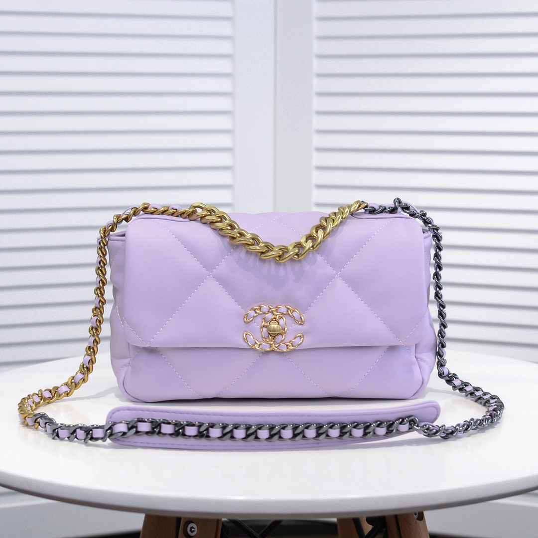 CC Inspired Calfskin Quilted CC Inspired 19 Flap Light Purple -Golden - Bag - Gorchic - $132.99