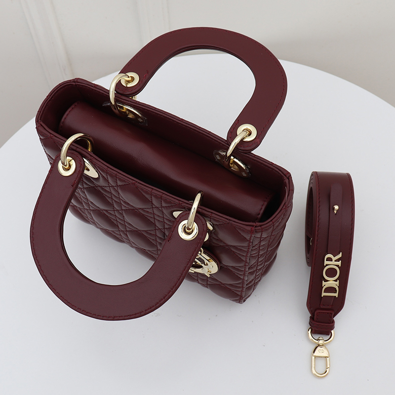 D Inspired Small Lady D Inspired Bag Burgundy Cannage Calfskin Golden Hardware - Bag - Gorchic - $146.99