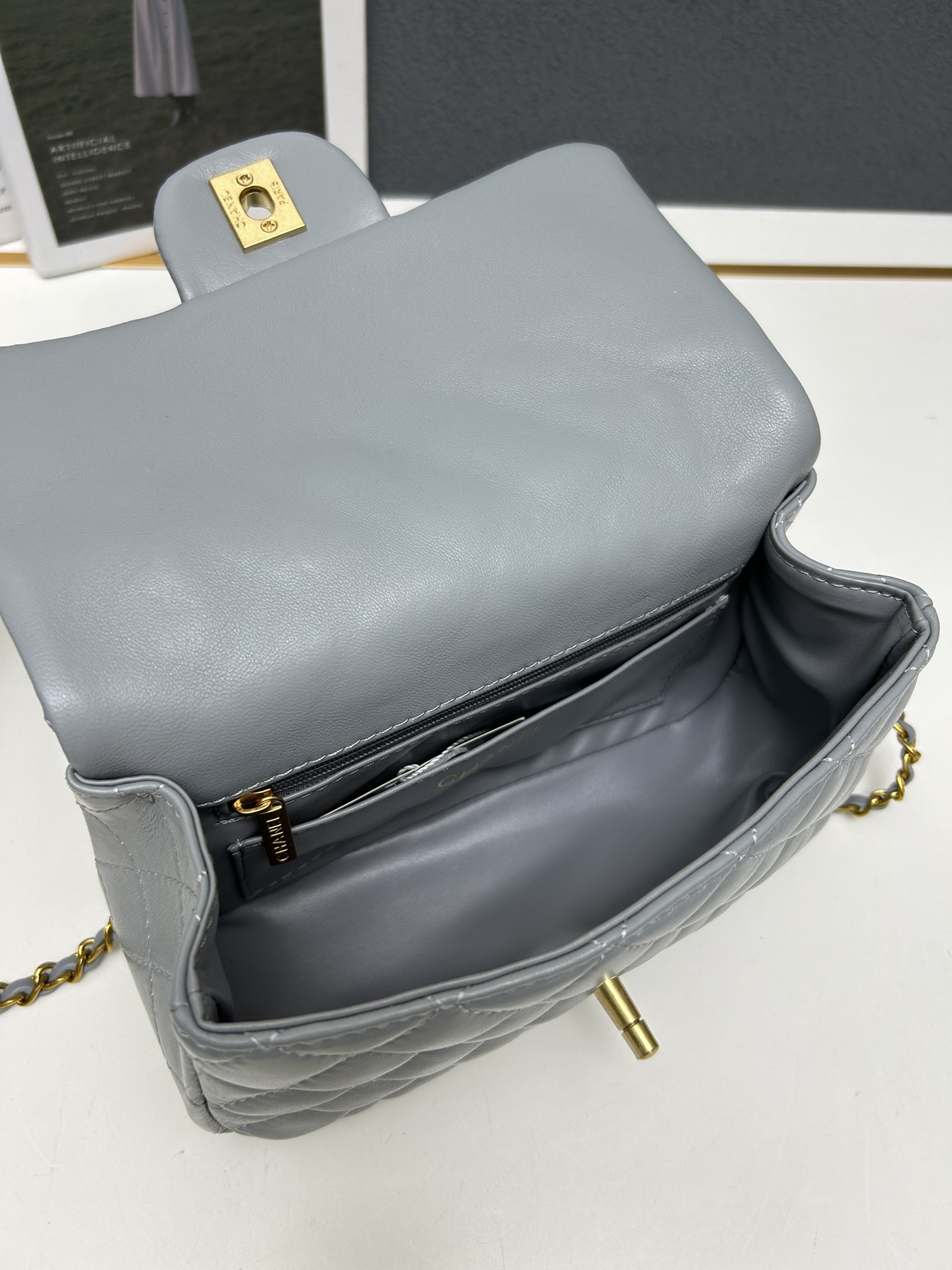 CC Inspired Mini Square Pearl Flap Bag Grey Leather Gold Hardware - Gorchic - $132.99