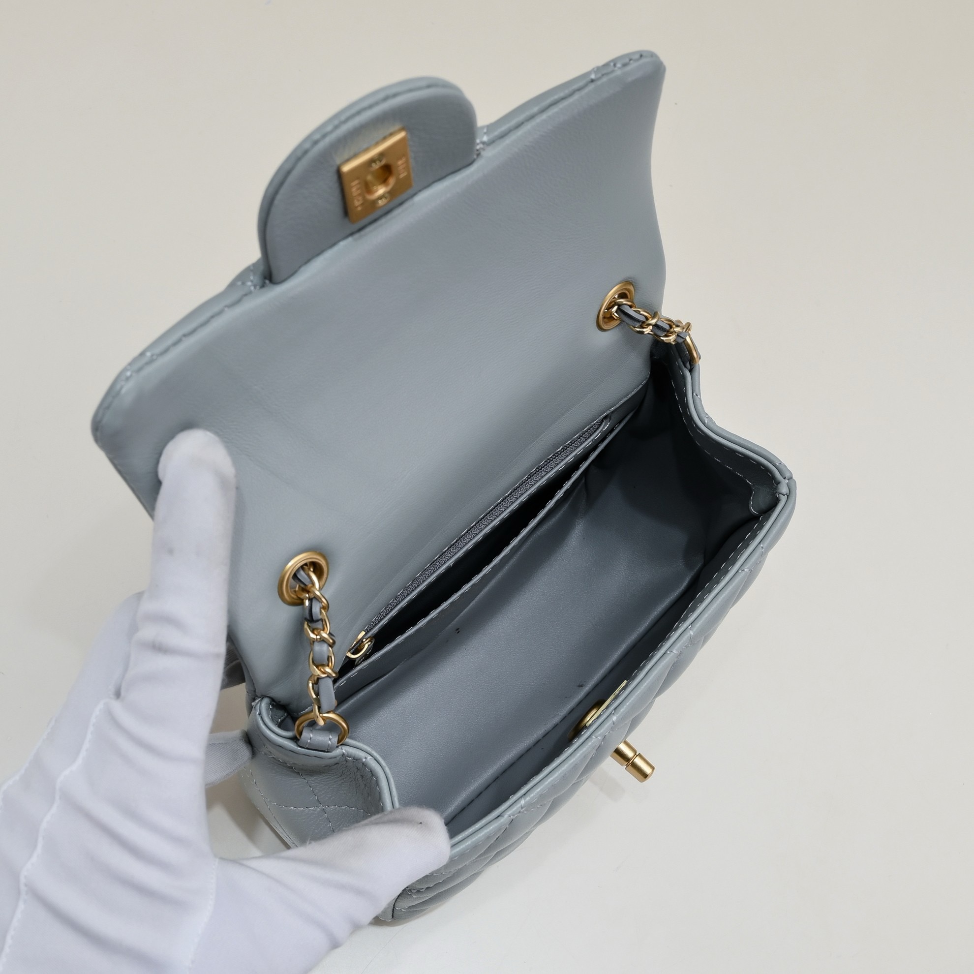 CC Inspired Classic Flag Bag Pearl Crush Mini Rectangular Flap Bag Light Blue Calfskin Antique Gold Hardware - Bag - Gorchic - $117.99