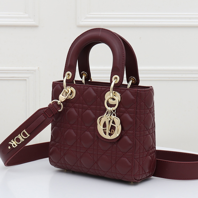 D Inspired Small Lady D Inspired Bag Burgundy Cannage Calfskin Golden Hardware - Bag - Gorchic - $146.99