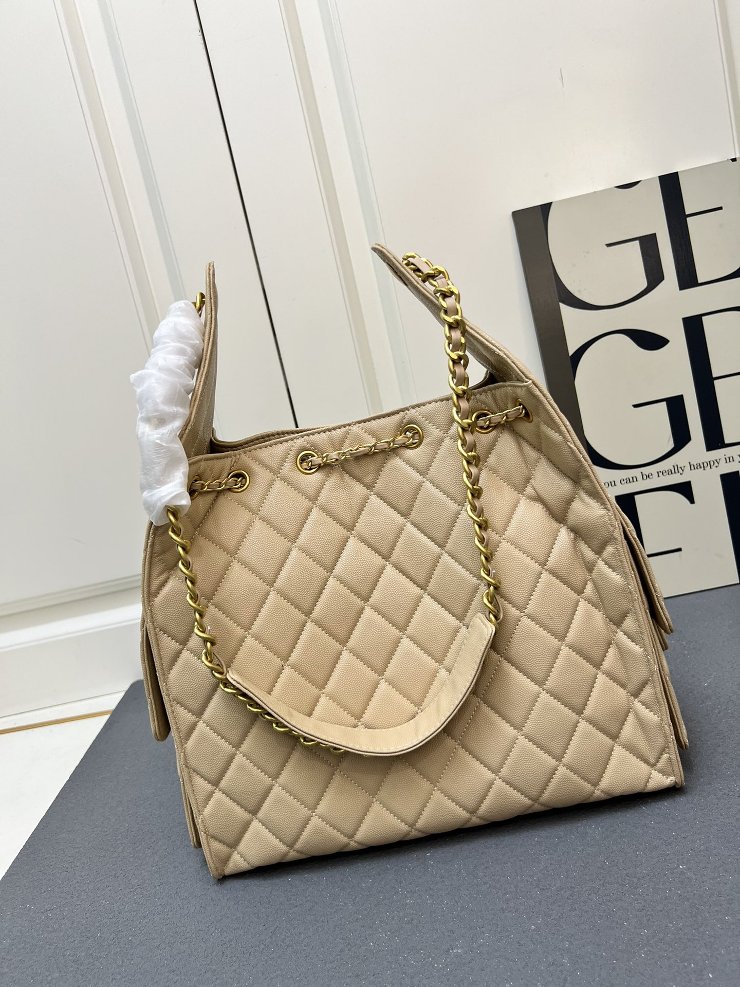 CC Inspired 25 Small Handbag Grained Calfskin & Gold-Tone Metal  Beige -Bag - Gorchic - $152.99