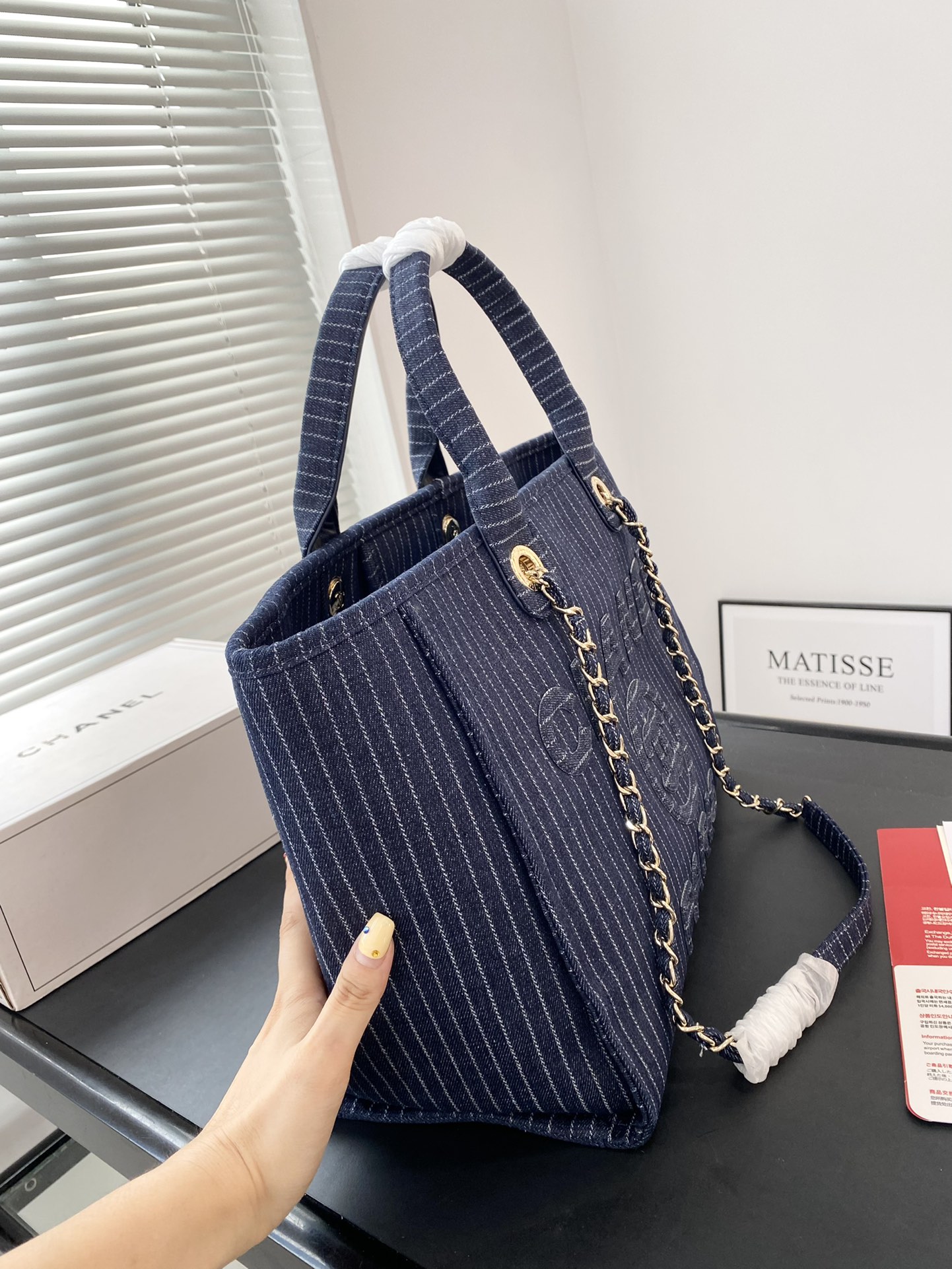 CC Inspired Shopping Tote Bag Denim & Gold Metal Dark Blue - Bag - Gorchic - $163.99