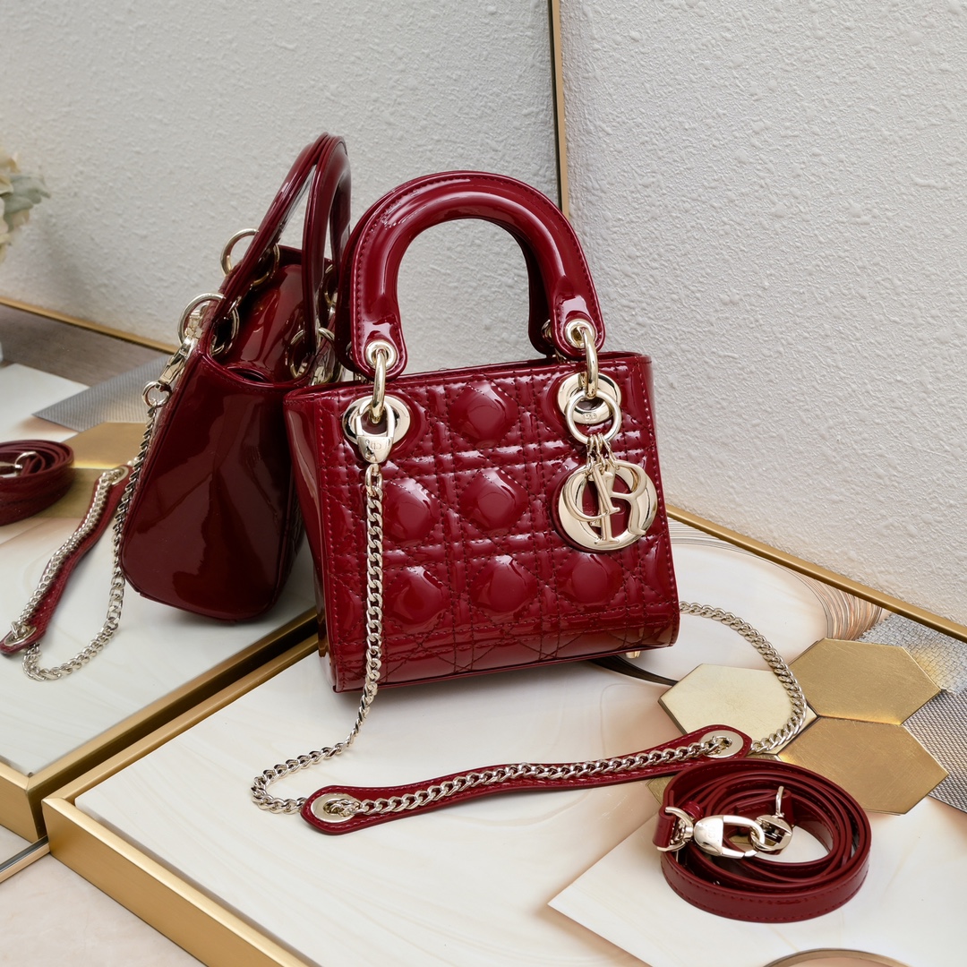D Inspired Mini Lady D Inspired Bag Powder Cherry Red Patent Cannage Calfskin Golden Hardware - Bag - Gorchic - $138.99