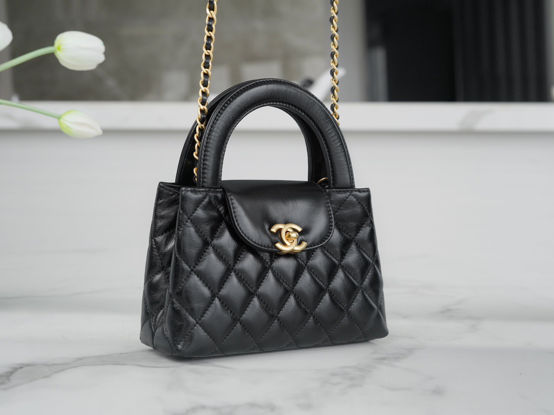 CC Inspired Shiny Aged Calfskin Quilted Nano Kelly Shopper Black - Bag - Gorchic - $121.99