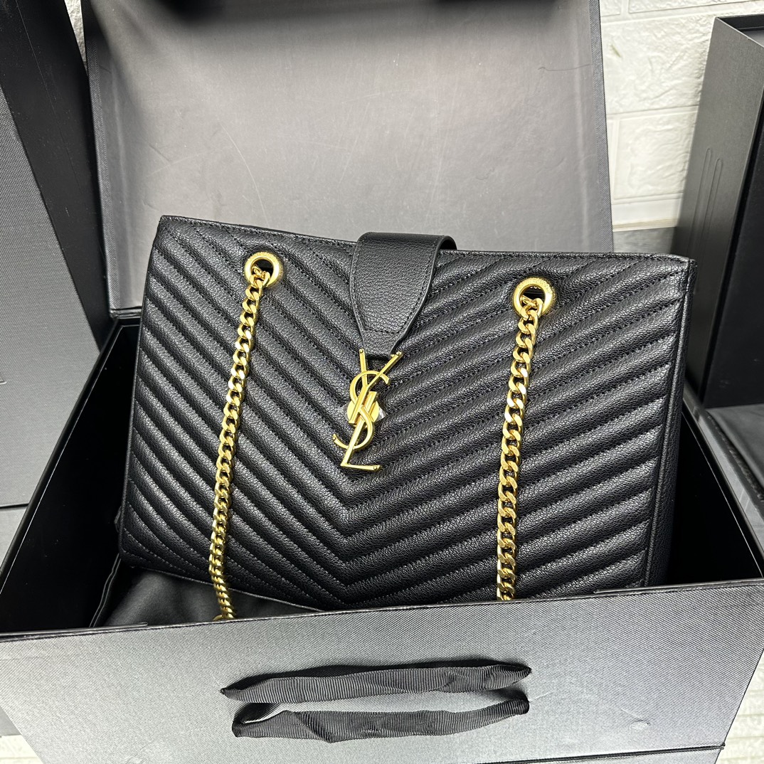 Lady Designer Black Matelasse Leather Cassandre Large Shopper Tote-Gold Hardware - Bag - Gorchic - $153.99