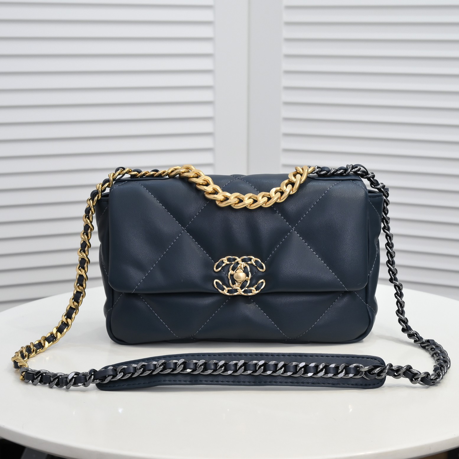 CC Inspired Calfskin Quilted CC Inspired 19 Flap Dark Blue -Golden - Bag - Gorchic - $132.99