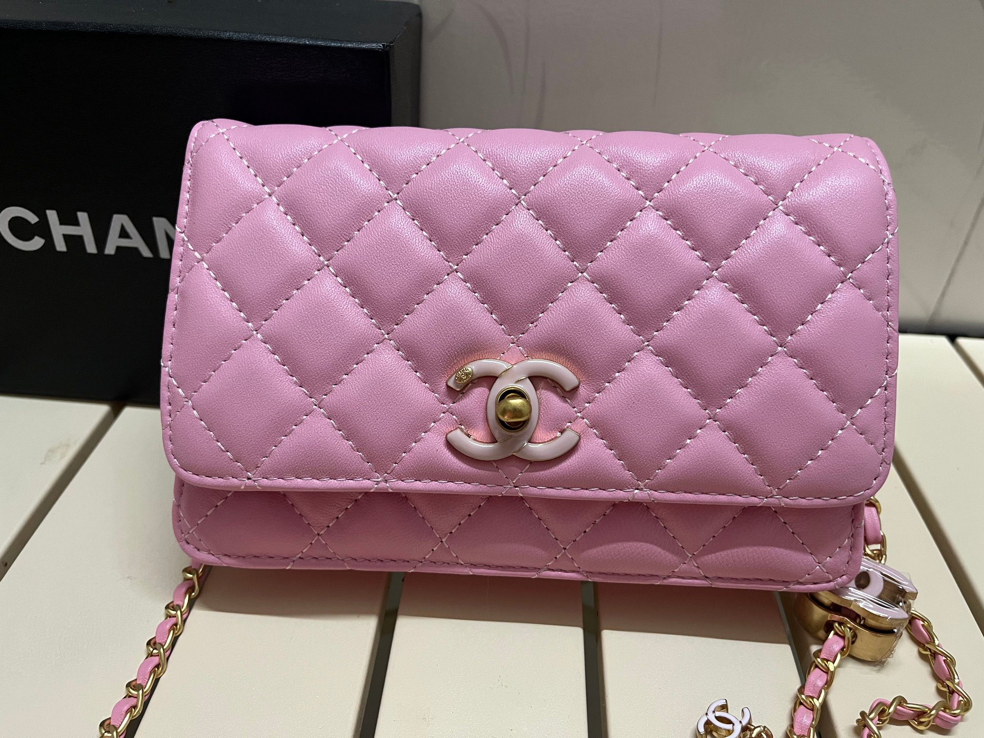 CC Inspired Pearl Crush Wallet On Chain-Pink - Bag - Gorchic - $131.99