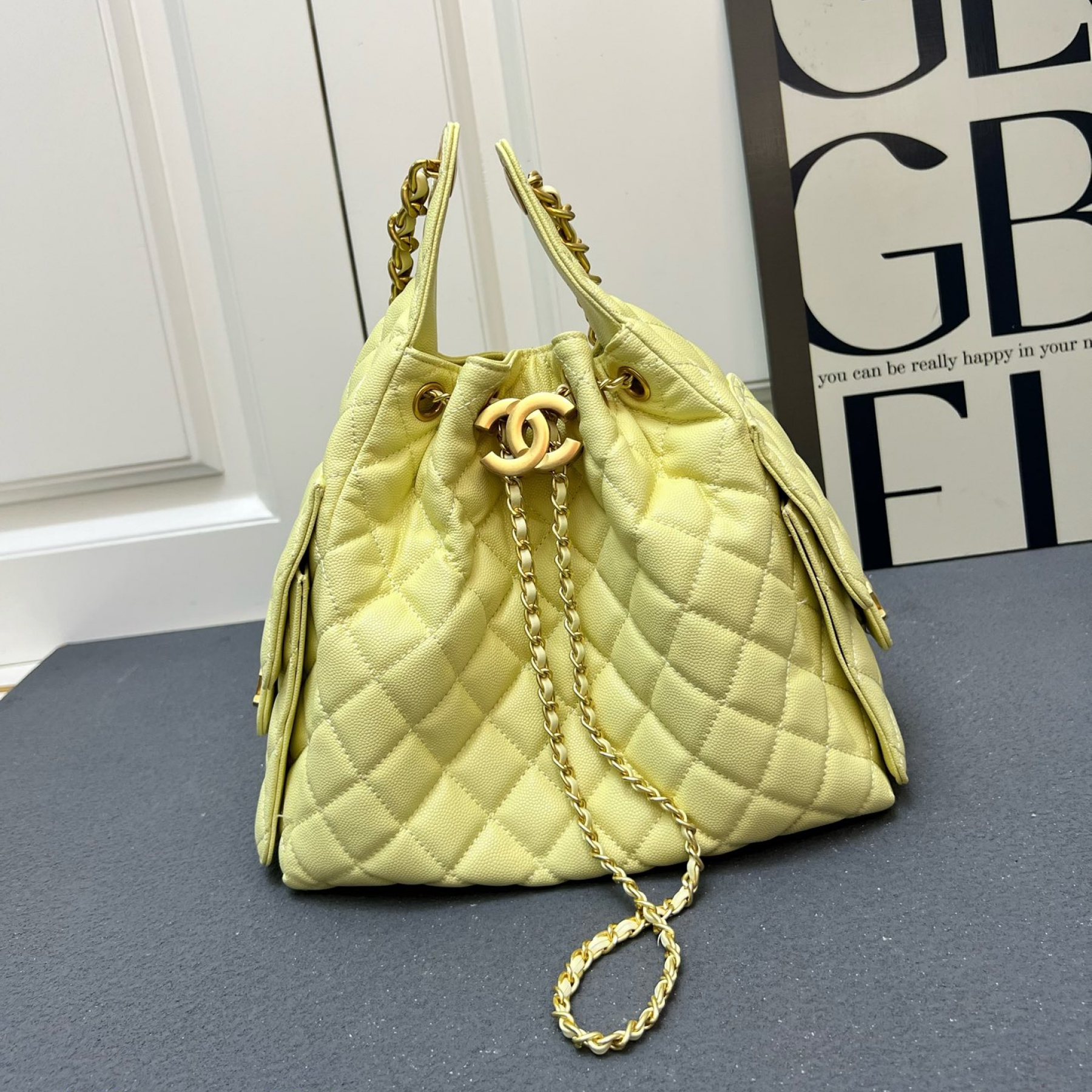 CC Inspired 25 Small Handbag Grained Calfskin & Gold-Tone Metal Light Yellow - Bag - Gorchic - $152.99