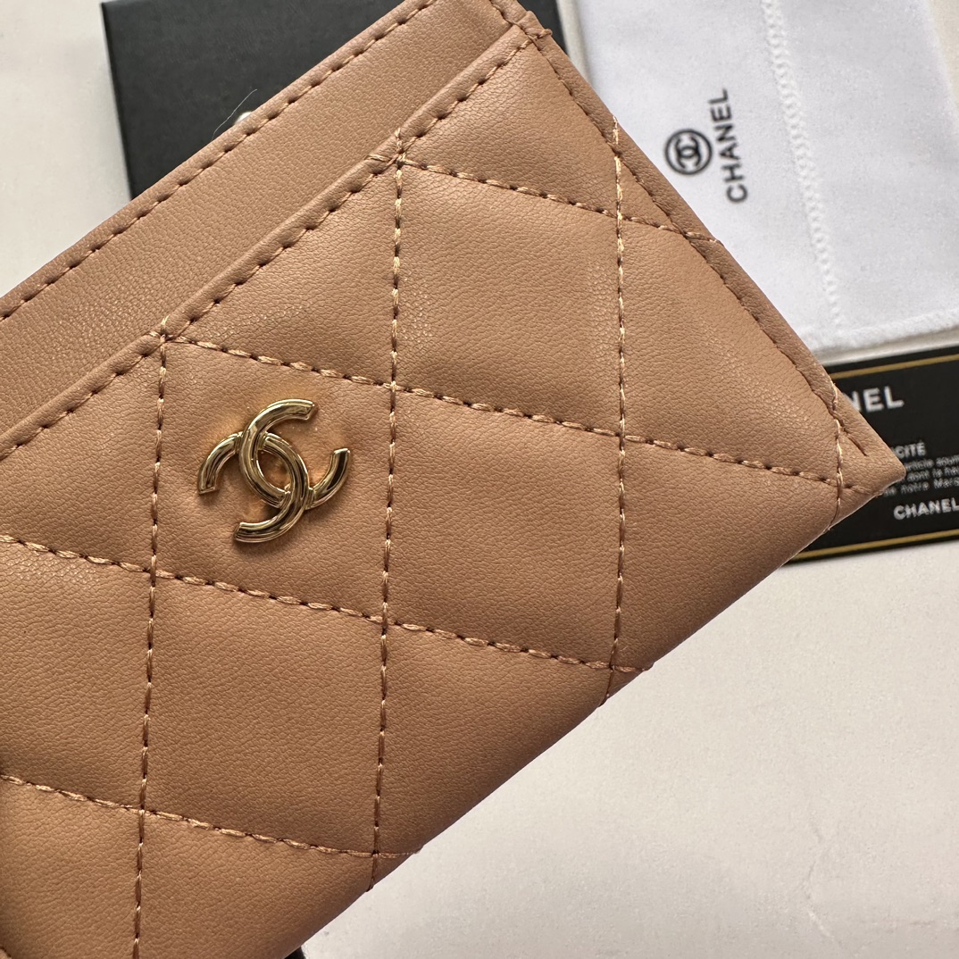 CC Inspired CLASSIC CARD HOLDER Grained Shiny Calfskin & Gold-Tone Metal Apricot -Wallet - Gorchic - $37.99