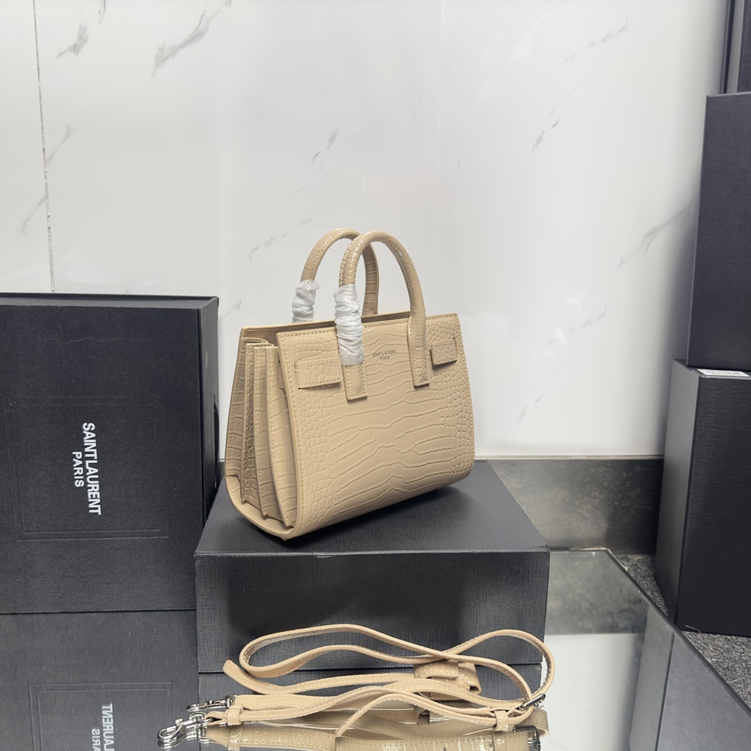 Lady Designer Beige Croc Embossed Leather Nano Classic Sac De Jour Tote - Bag - Gorchic - $175.99