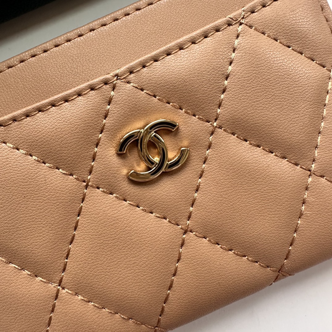 CC Inspired CLASSIC CARD HOLDER Grained Shiny Calfskin & Gold-Tone Metal Apricot -Wallet - Gorchic - $37.99