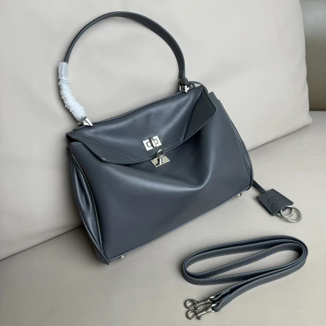 Hourglass iconic Rodeo leather shoulder bag in Grey and aged-sliver hardware Multiple Size - Bag - Gorchic - $169.99