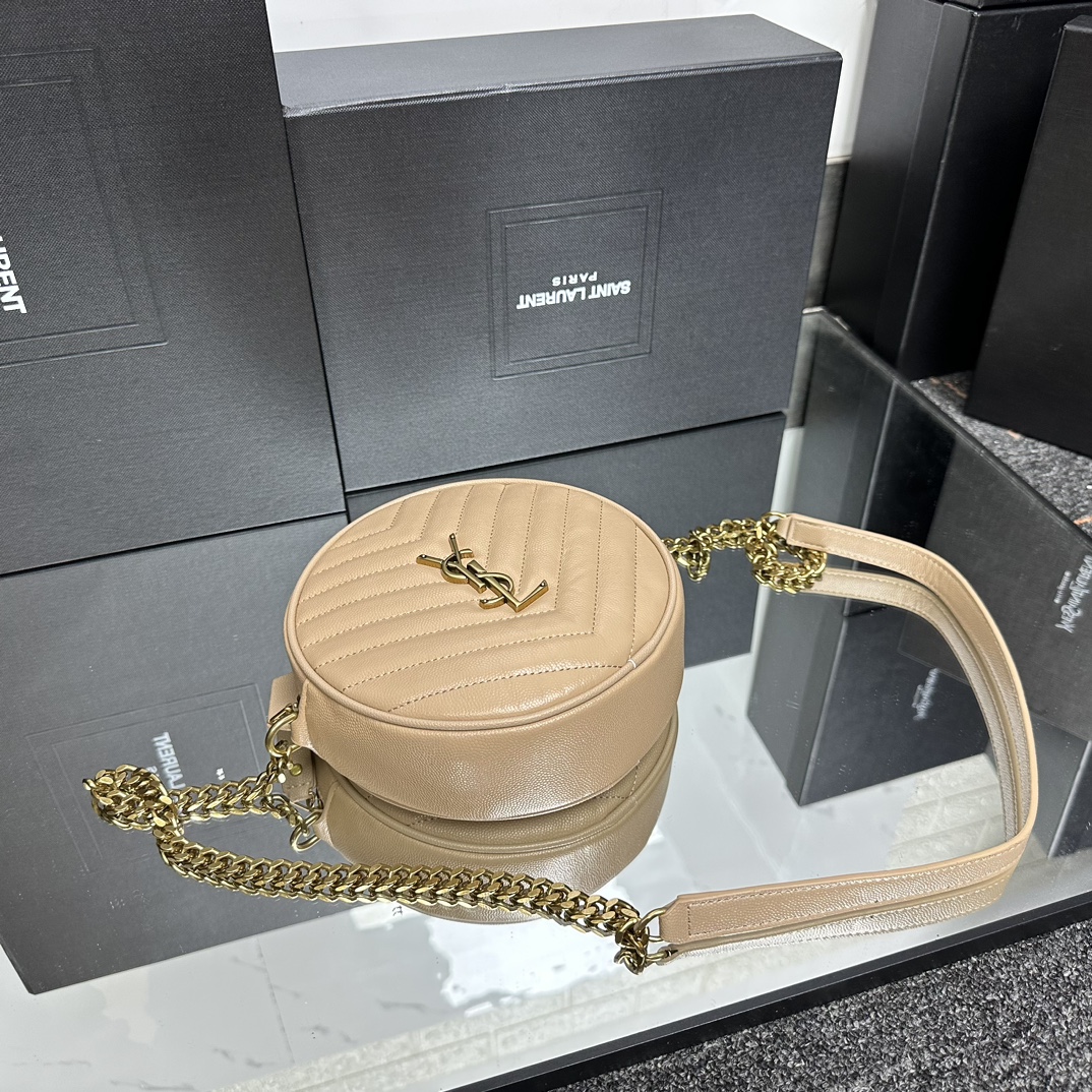 Lady Designer Grain De Poudre Matelasse Chevron Quilted Round Vinyle Camera Bag Dark Beige-Gold hardware - Bag - Gorchic - $131.99