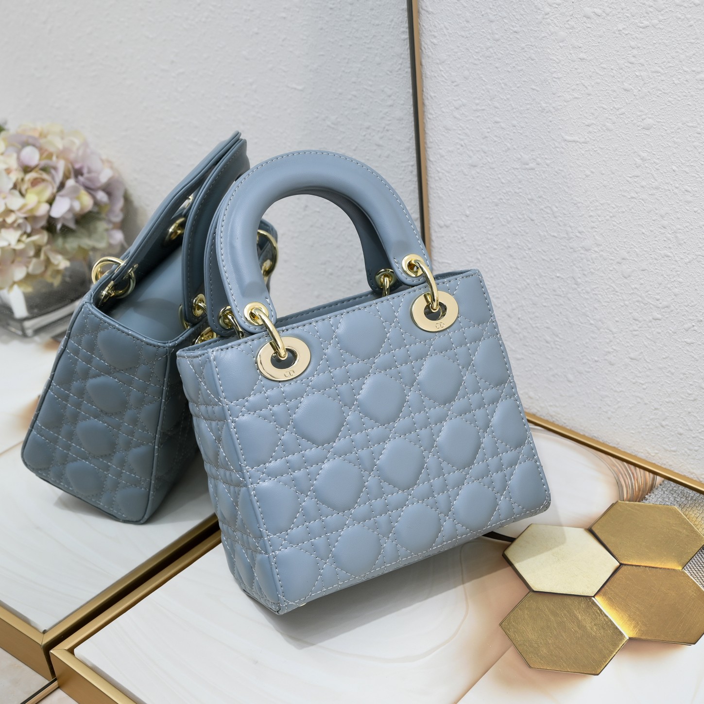 D Inspired Small Lady D Inspired Bag Blue Cannage Calfskin Golden Hardware - Bag - Gorchic - $144.99