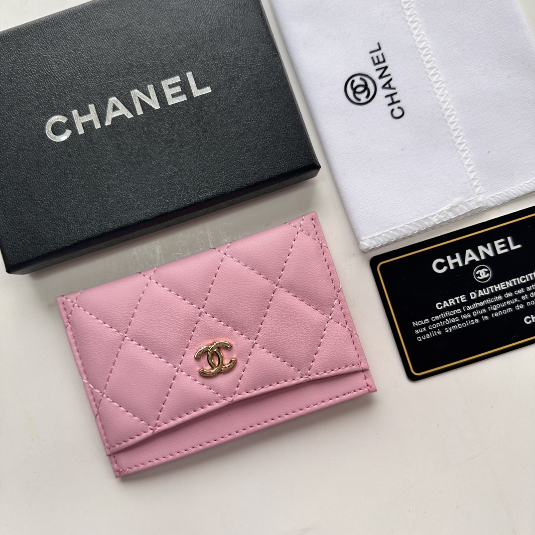 CC Inspired CLASSIC CARD HOLDER Grained Calfskin Pink Wallet - Gorchic - $37.99