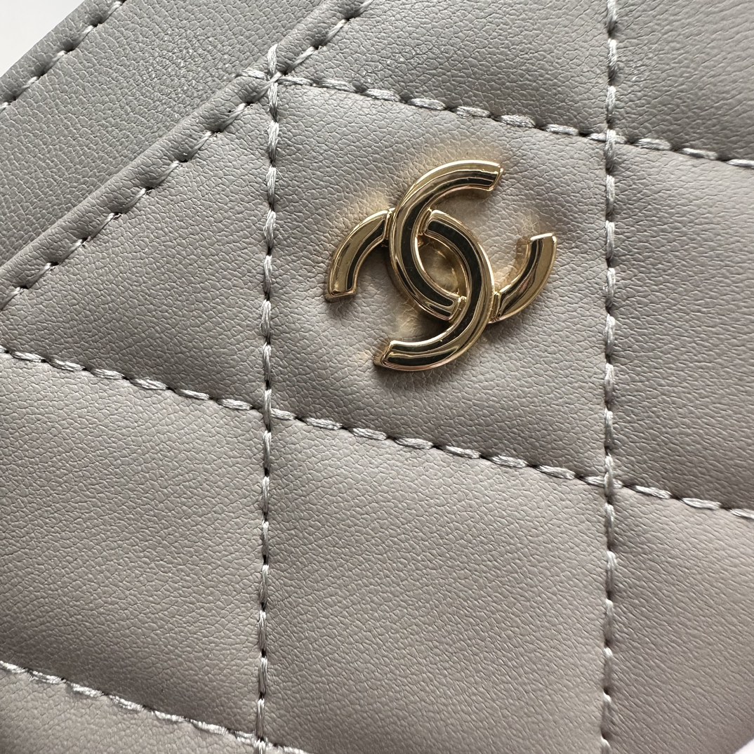 CC Inspired CLASSIC CARD HOLDER Grained Shiny Calfskin & Gold-Tone Metal  Light Gray -Wallet - Gorchic - $37.99