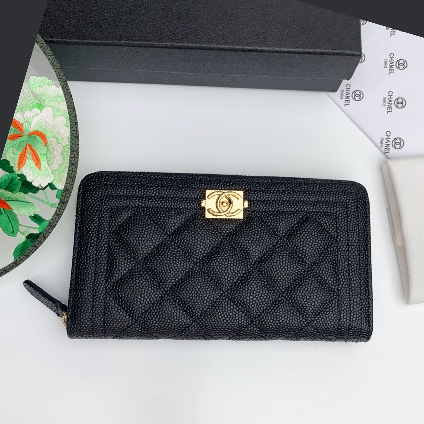 CC Inspired Zip Around Wallet Quilted Caviar Long-Fishseed Pattern Gold Wallet - Gorchic - $52.99