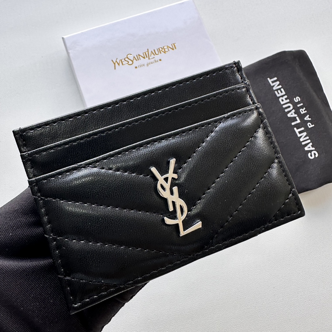 Lady Designer CASSANDRE MATELASSÉ card case in lambskin -Black and Sier Wallet - Gorchic - $35.99