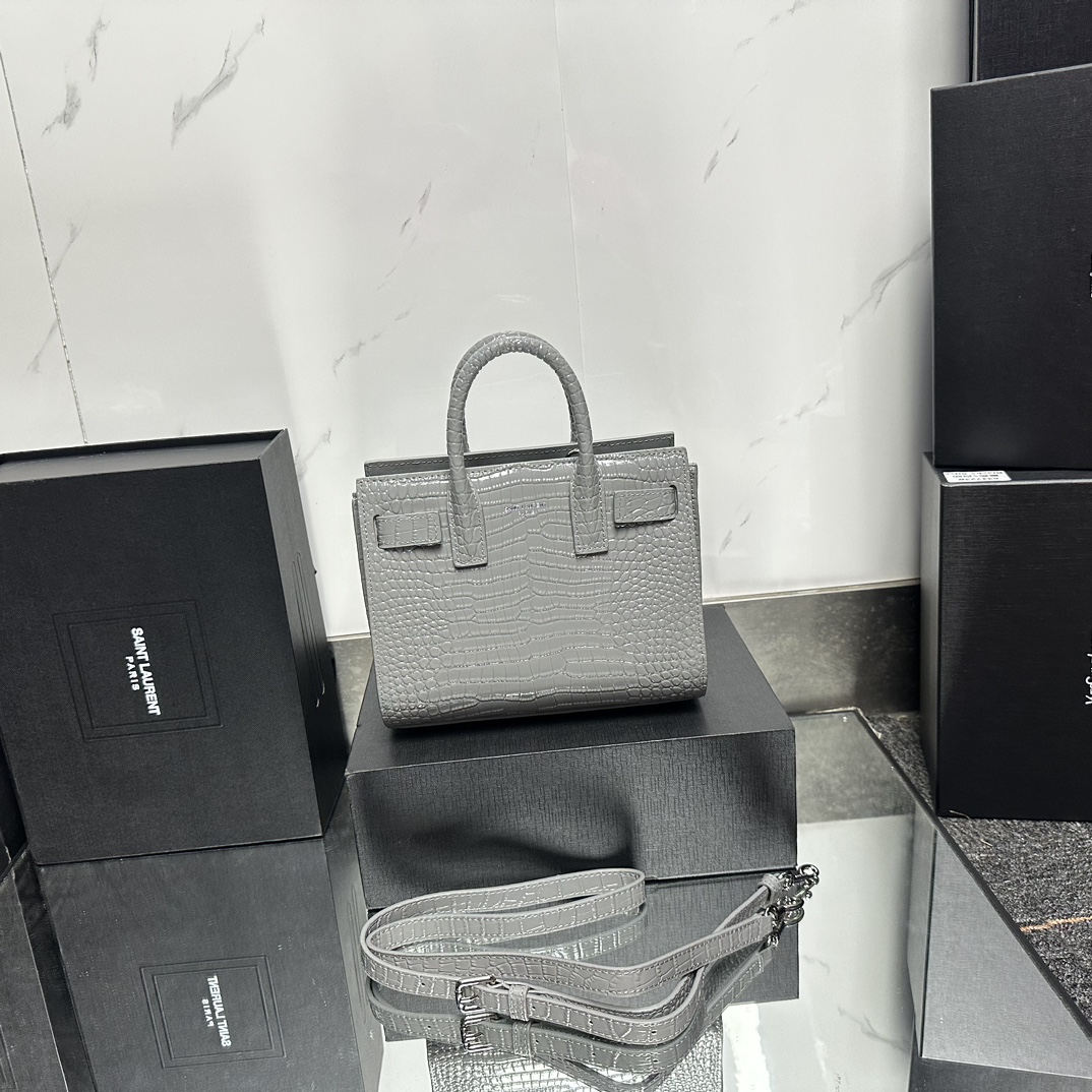 Lady Designer Grey Croc Embossed Leather Nano Classic Sac De Jour Tote - Bag - Gorchic - $175.99