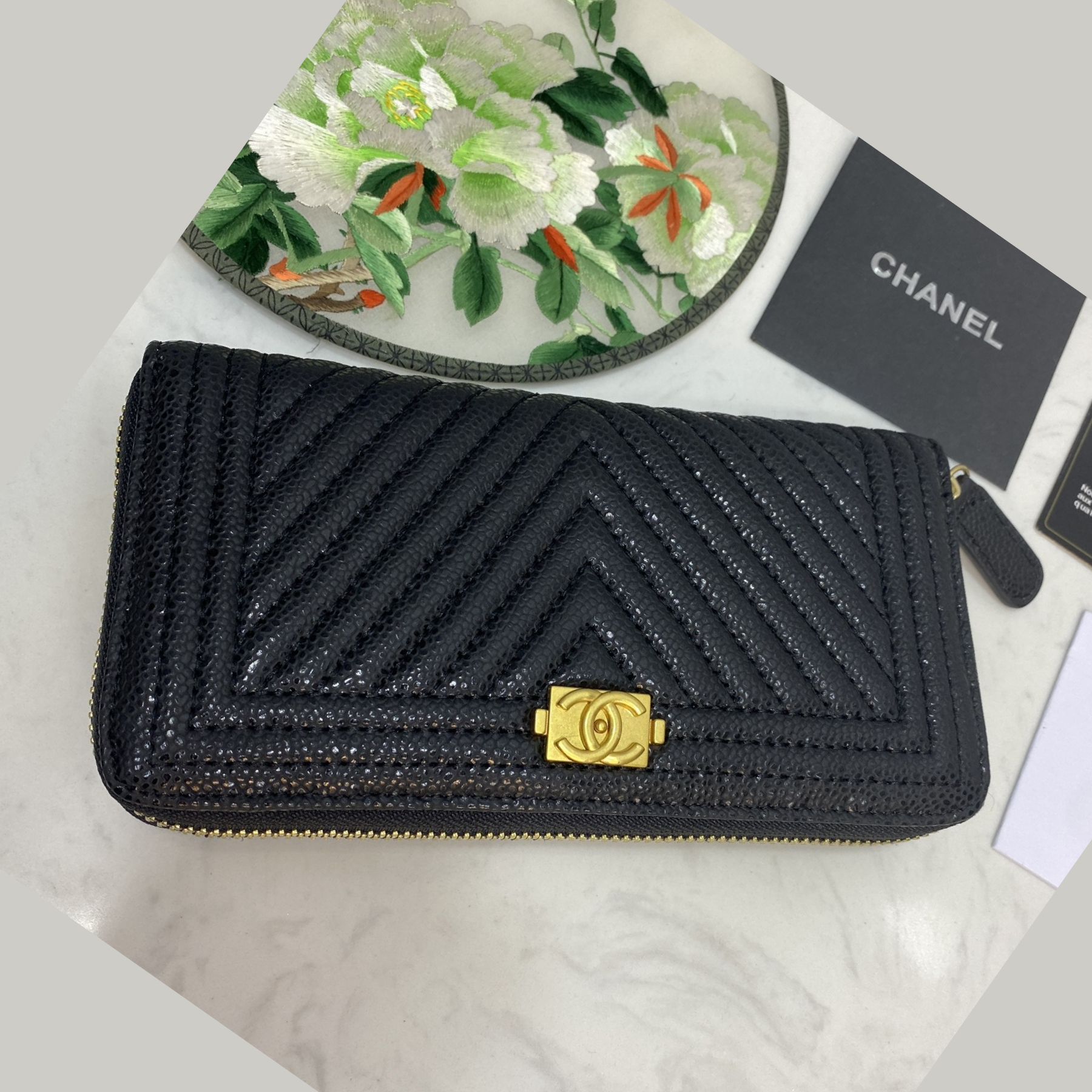 CC Inspired Caviar Chevron Quilted Wallet -Fishseed Pattern Gold Wallet - Gorchic - $52.99