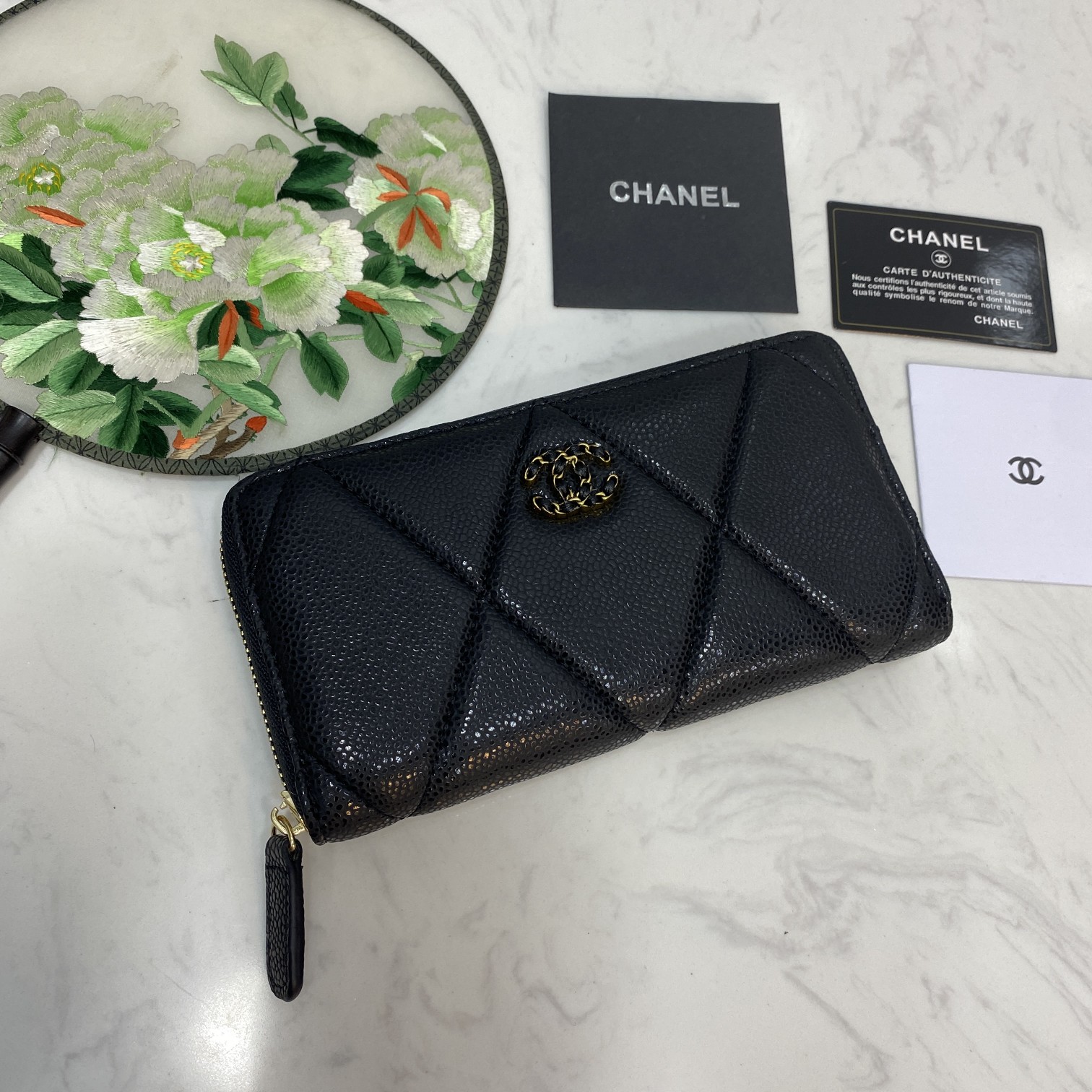 CC Inspired Boy Zip Around Wallet Quilted Caviar Long-Fishseed Pattern Gold Wallet - Gorchic - $52.99