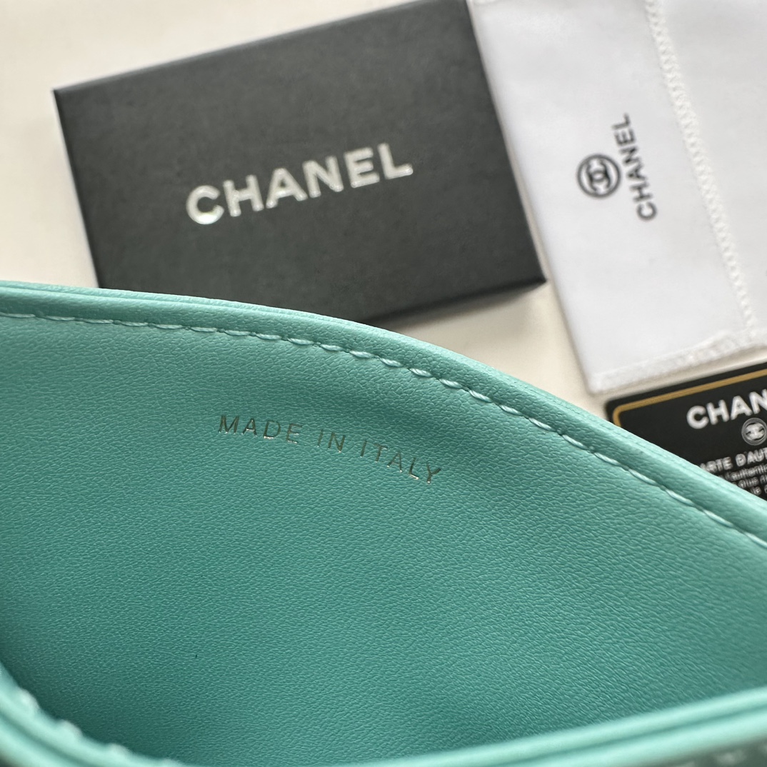 CC Inspired CLASSIC CARD HOLDER Grained Shiny Calfskin & Gold-Tone Metal Light Blue -Wallet - Gorchic - $37.99