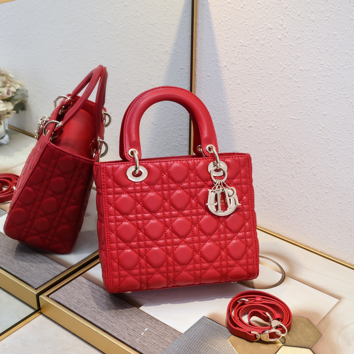 D Inspired Medium Lady D Inspired Bag Red Cannage Calfskin Golden Hardware - Bag - Gorchic - $144.99