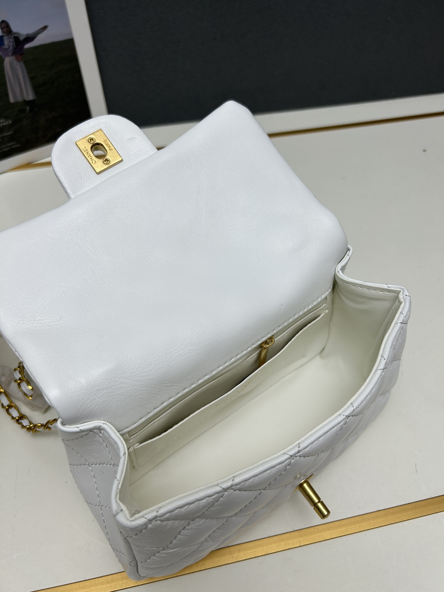 CC Inspired Mini Square Pearl Flap Bag White Leather Gold Hardware - Gorchic - $132.99