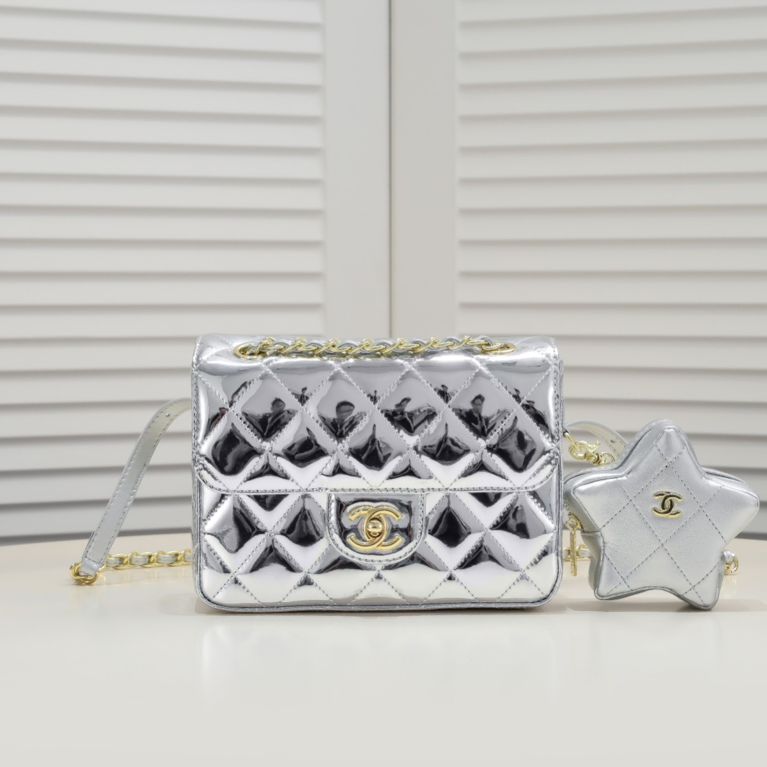 CC Inspired Mirror Mini Classic Flap with Star Coin Purse - Sier - Gorchic - $138.99