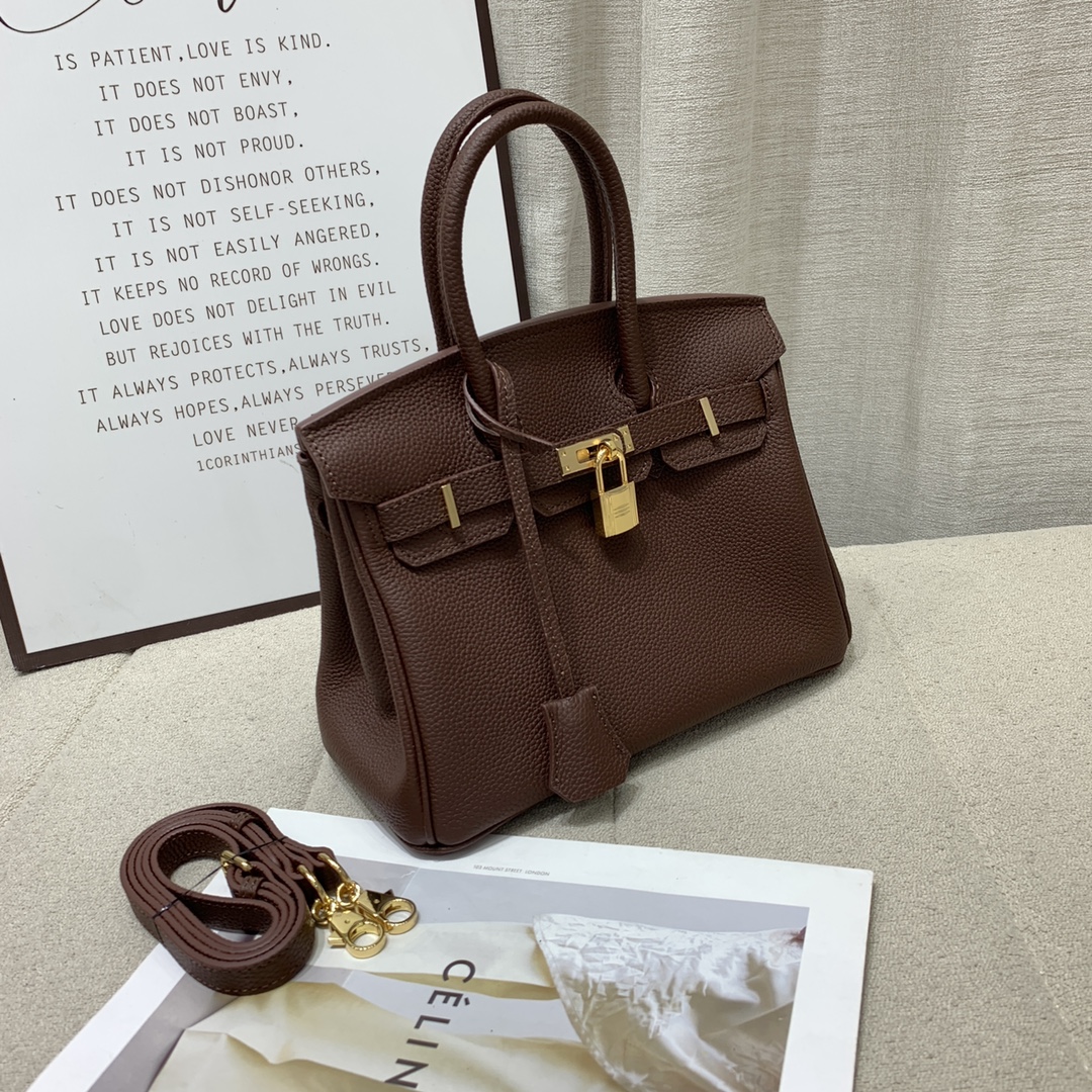 H-Inspired Birkin Togo Retourne Bag Golden-Dark Brown Bag - Gorchic - $185.99